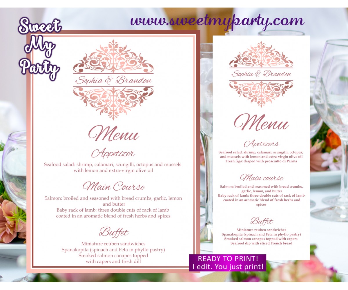 Rose gold menu cards printable,Rose gold wedding menu,(114)